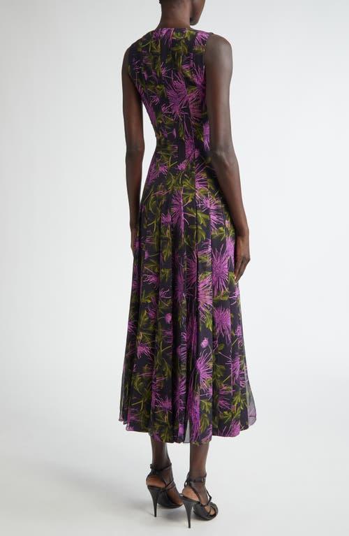 OSCAR DE LA RENTA Chrysanthemum Print Pleated Maxi Dress In Purple/navy Product Image