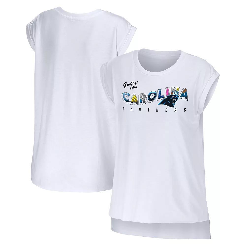 Women's WEAR by Erin Andrews White Carolina Panthers Greetings From Muscle T-Shirt, Size: Small Product Image