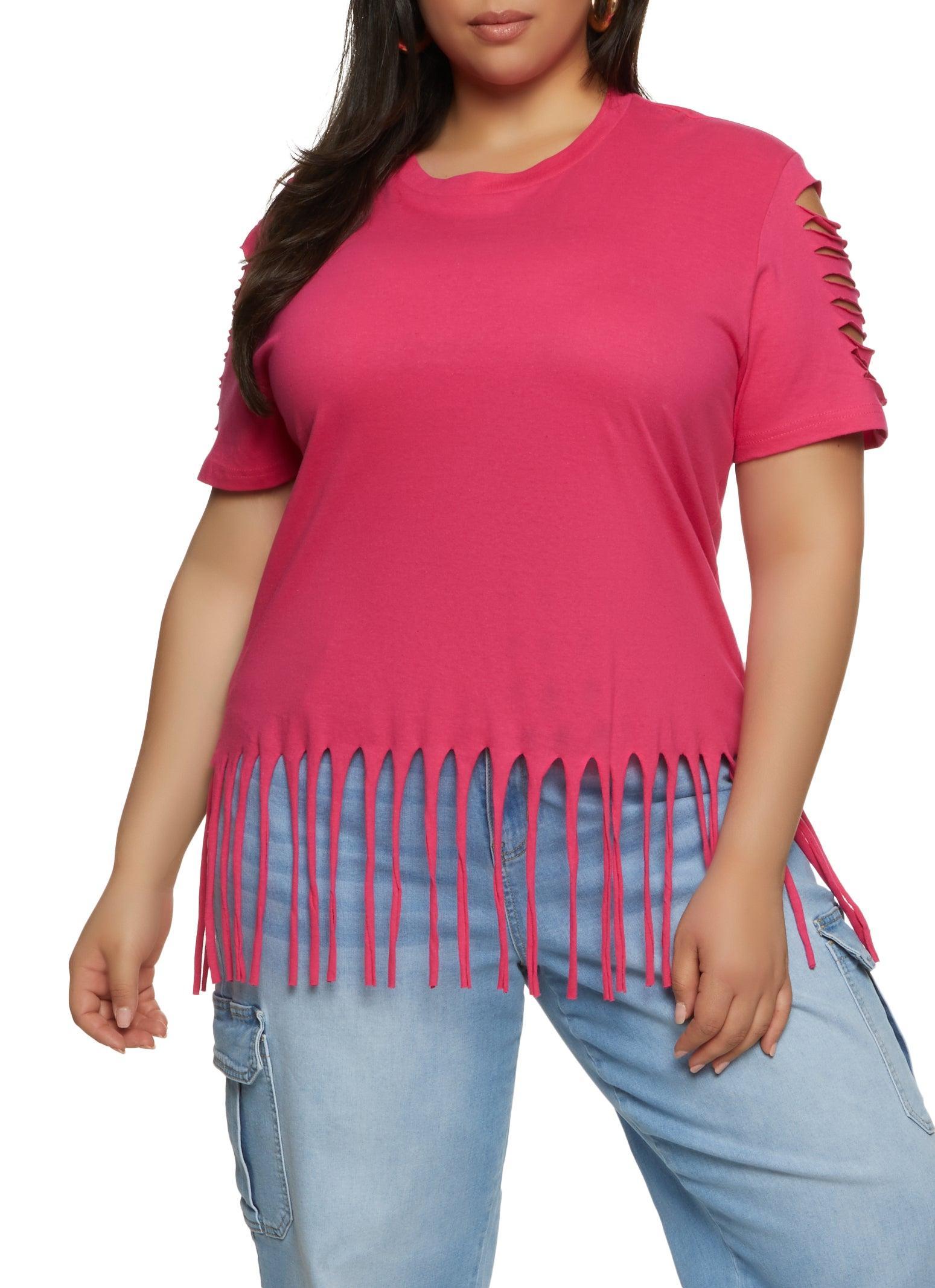 Womens Plus Size Laser Cut Fringe Hem Tee Product Image