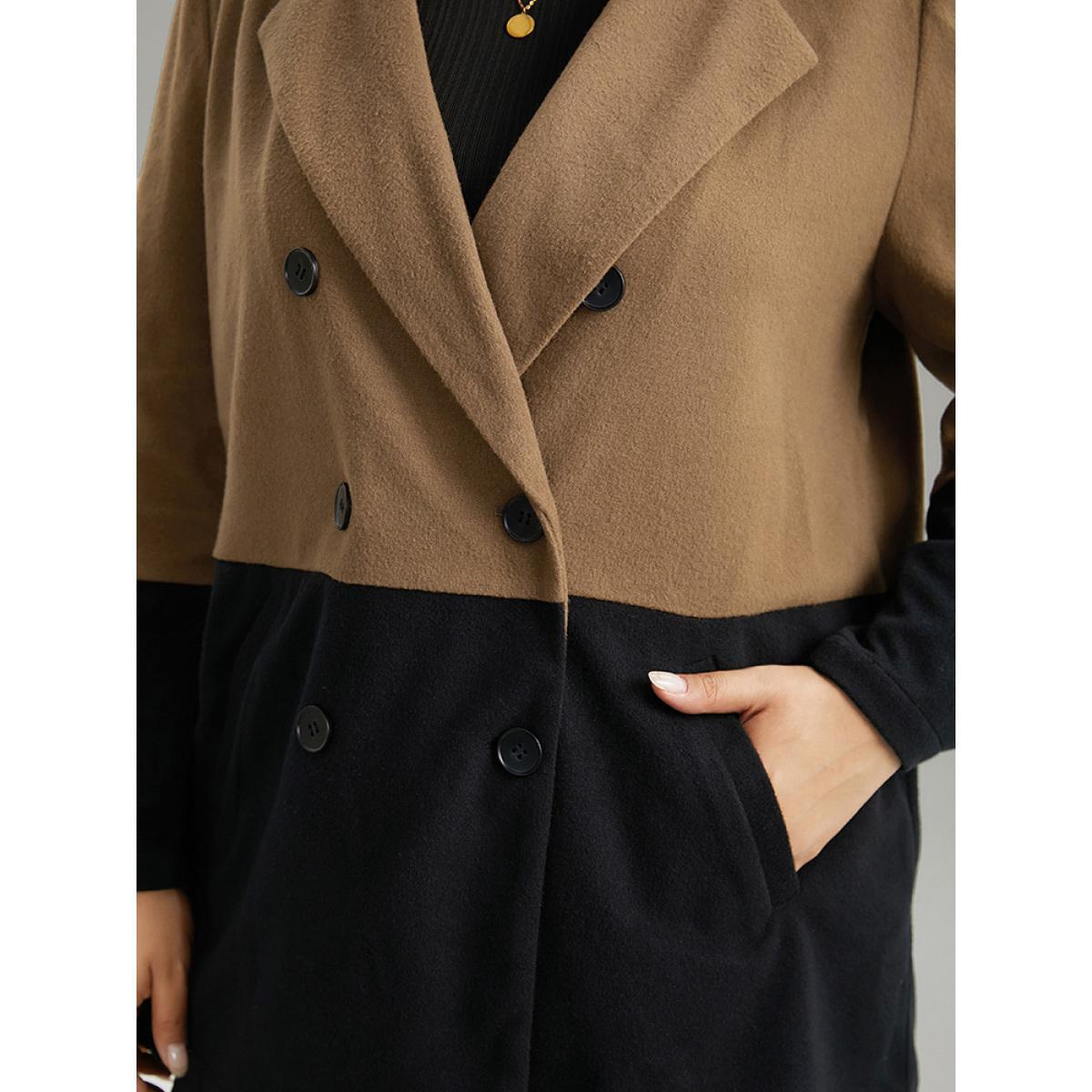 Plus Size Contrast Lapel Collar Double Breasted Pocket Coat Women DarkBrown Casual Contrast Ladies Dailywear Winter Coats BloomChic 26/4X Product Image