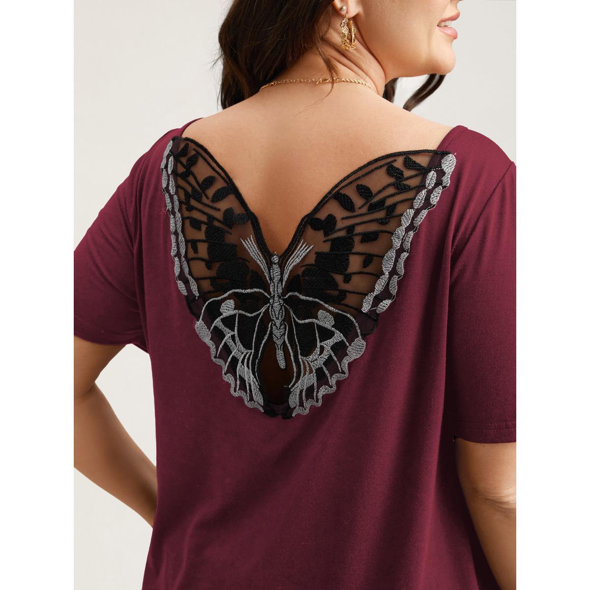 Plus Size Butterfly Back Stretchy Round Neck T-Shirt Indigo Women Leisure See through Round Neck Casual T-shirts BloomChic 12/L Product Image