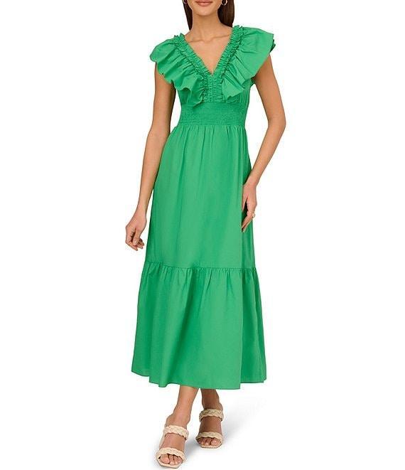 Adrianna by Adrianna Papell Ruffle V-Neck Smocked Waist Sleeveless Midi Dress Product Image