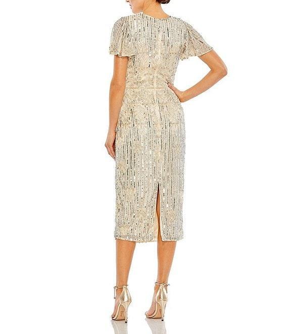 Mac Duggal Beaded Crew Neck Short Flutter Sleeve Midi Dress Product Image