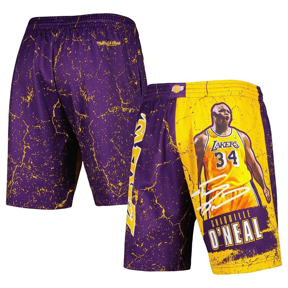 Men's Mitchell & Ness Shaquille O'Neal Purple Los Angeles Lakers Hardwood Classics Player Burst Shorts, Size: XL Product Image