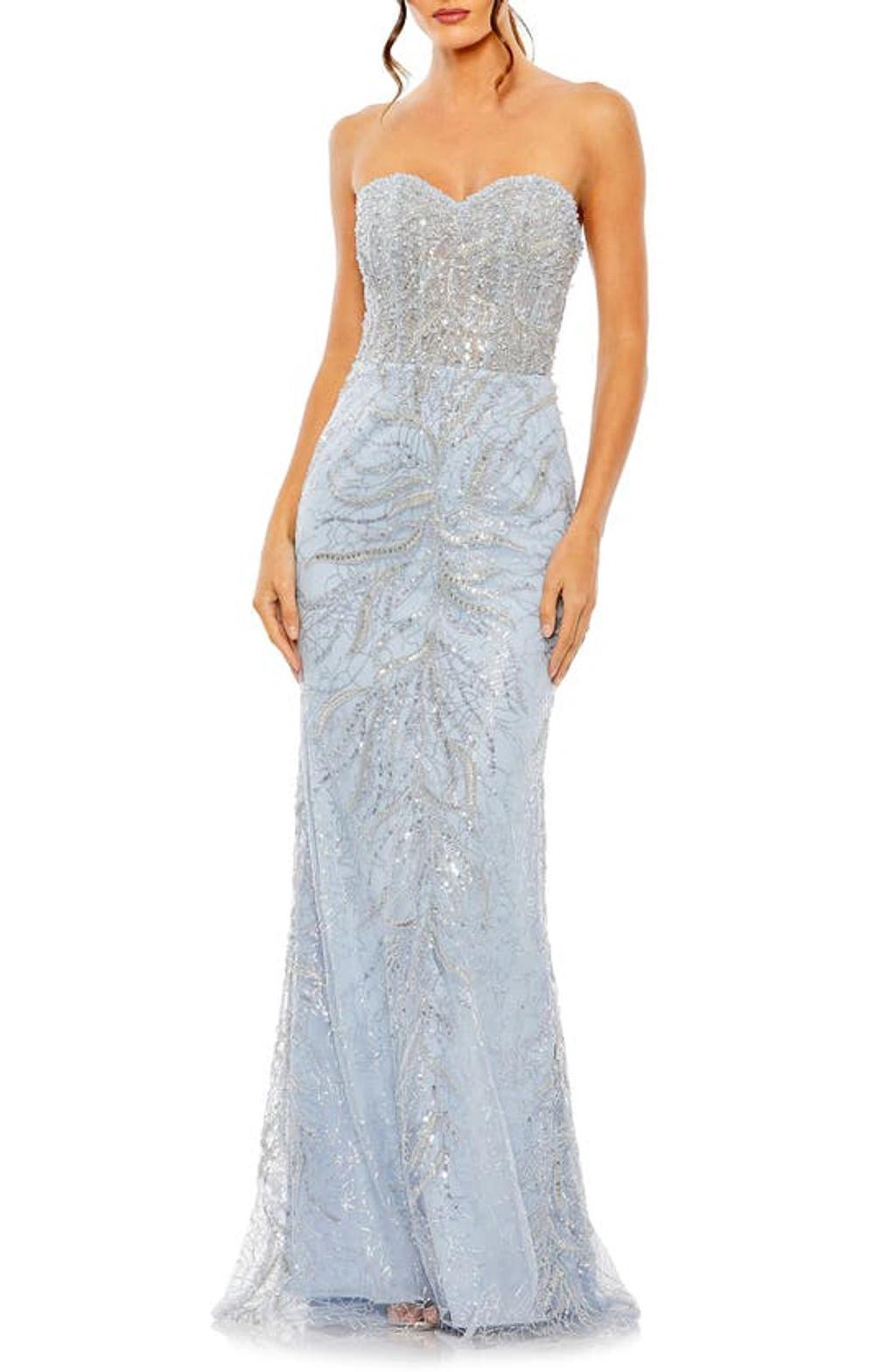 Strapless Embellished Sequin Column Gown In Powder Blue Product Image