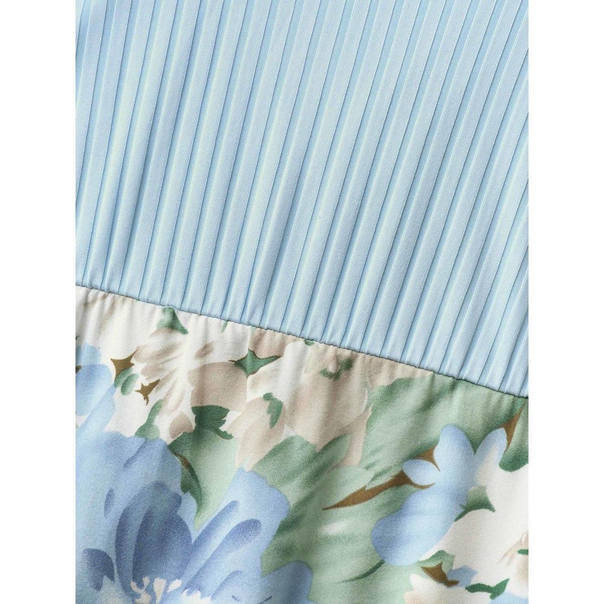 Plus Size Floral Print Ribbed Stretchy Waist Midi Dress LightBlue Women Round Neck Sleeveless Curvy BloomChic 12/L Product Image