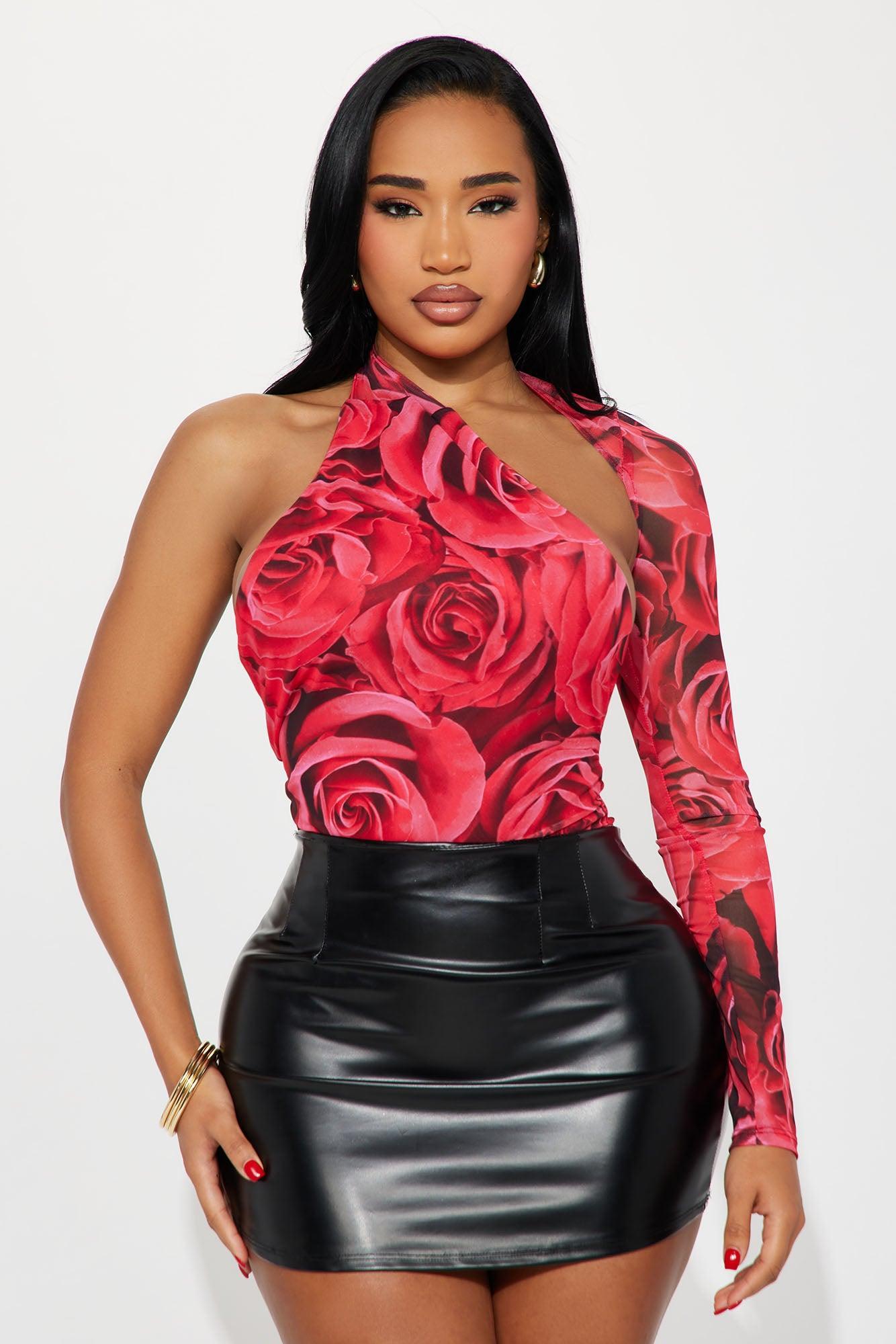 Rose Ceremony Long Sleeve Mesh Bodysuit - Red/combo Product Image