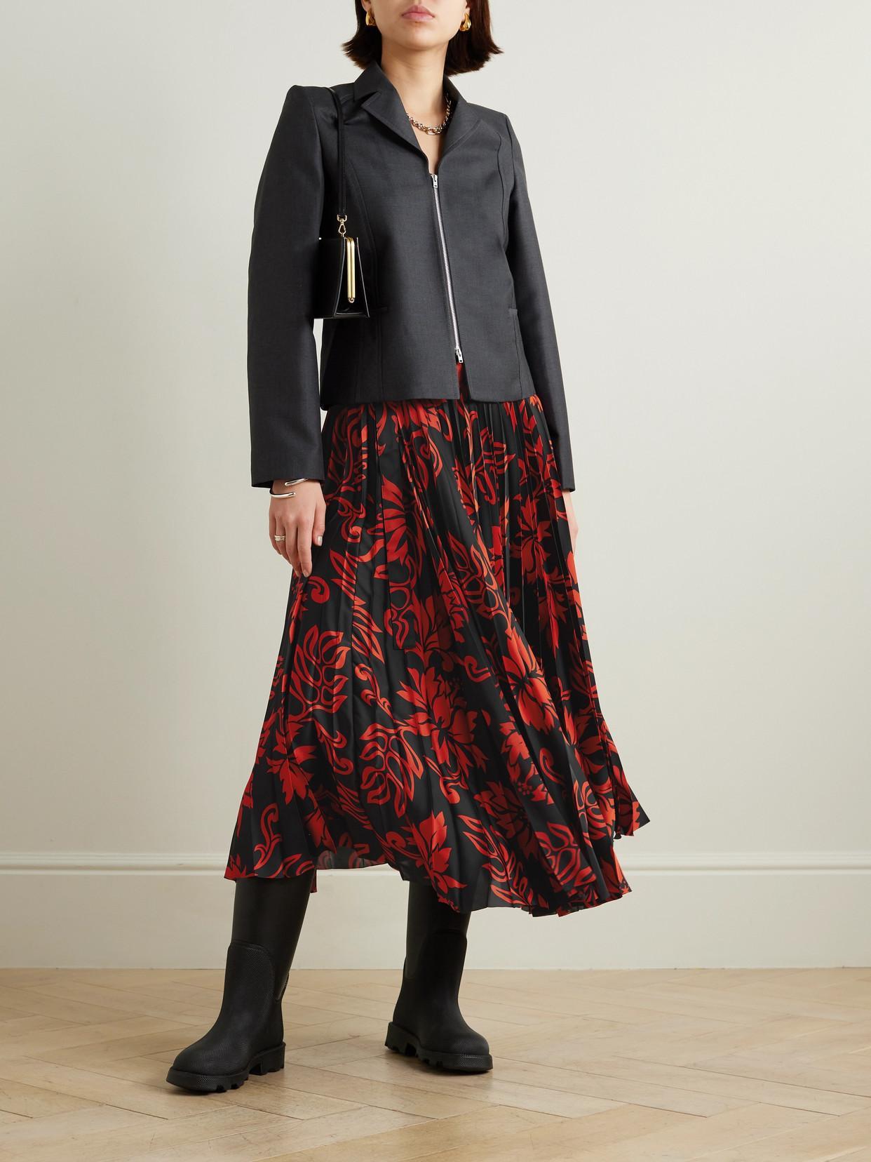 SACAI Pleated Floral-print Satin Midi Skirt In Red Product Image