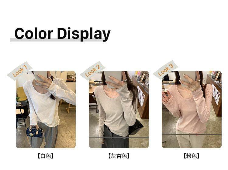 Long-Sleeve U-Neck Plain Tee Product Image