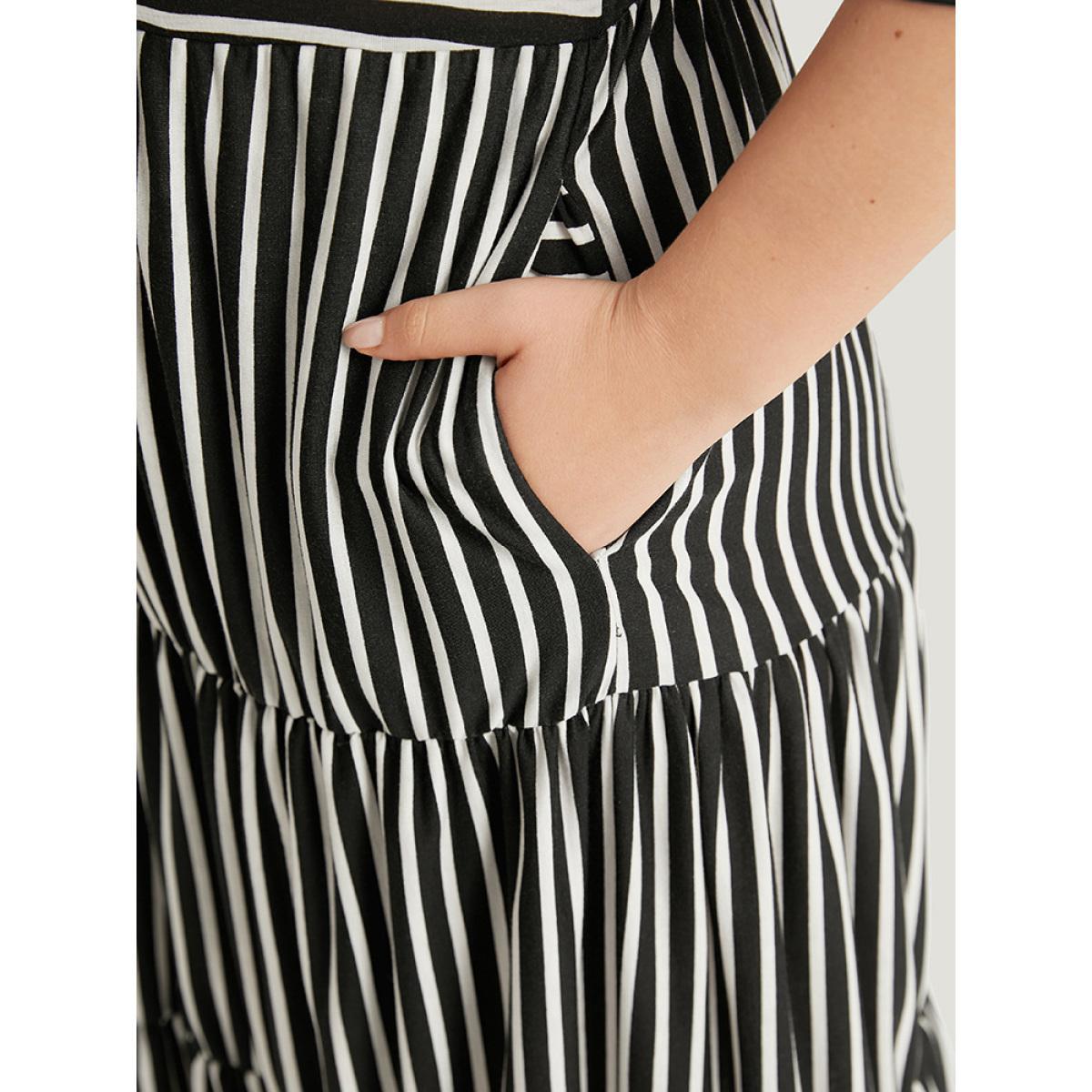 Plus Size Striped Crew Neck Ruffle Layered Hem Dress Black Women Casual Printed Round Neck Half Sleeve Curvy Midi Dress BloomChic 18-20/2X Product Image