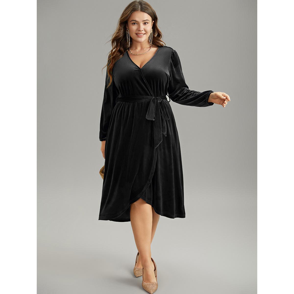 Plus Size Solid Velvet Belted Wrap Arc Hem Dress Black Women Elegant Elastic cuffs Overlap Collar Long Sleeve Curvy Midi Dress BloomChic 18-20/2X Product Image