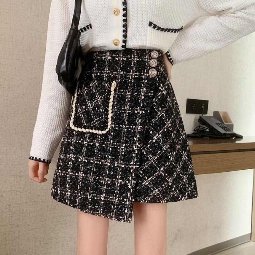 High Rise Plaid Asymmetrical Mini A-Line Skirt Product Image