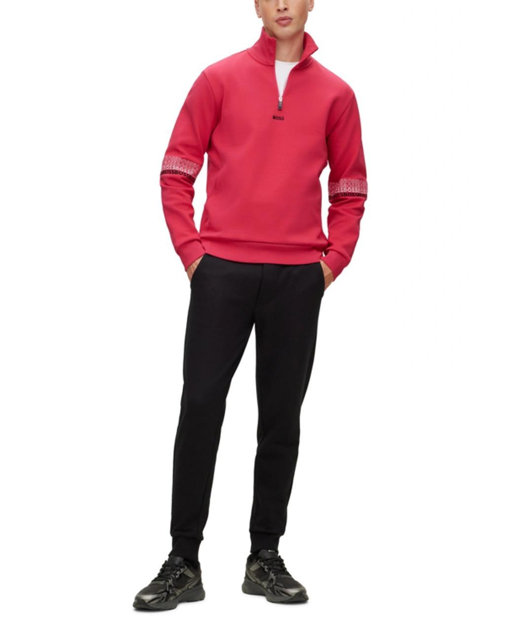 HUGO BOSS Cotton-blend Zip-neck Sweatshirt With Multi-colored Logos In Pink Product Image