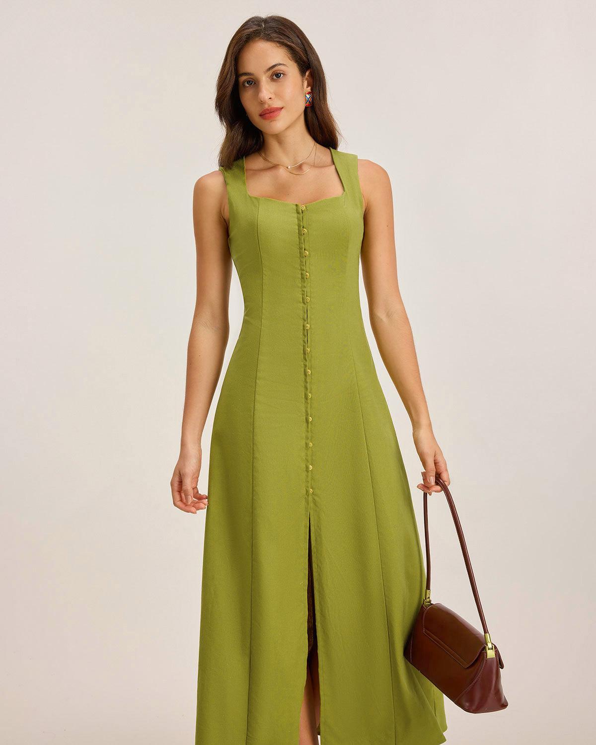 Green Square Neck Button Sleeveless Midi Dress Product Image