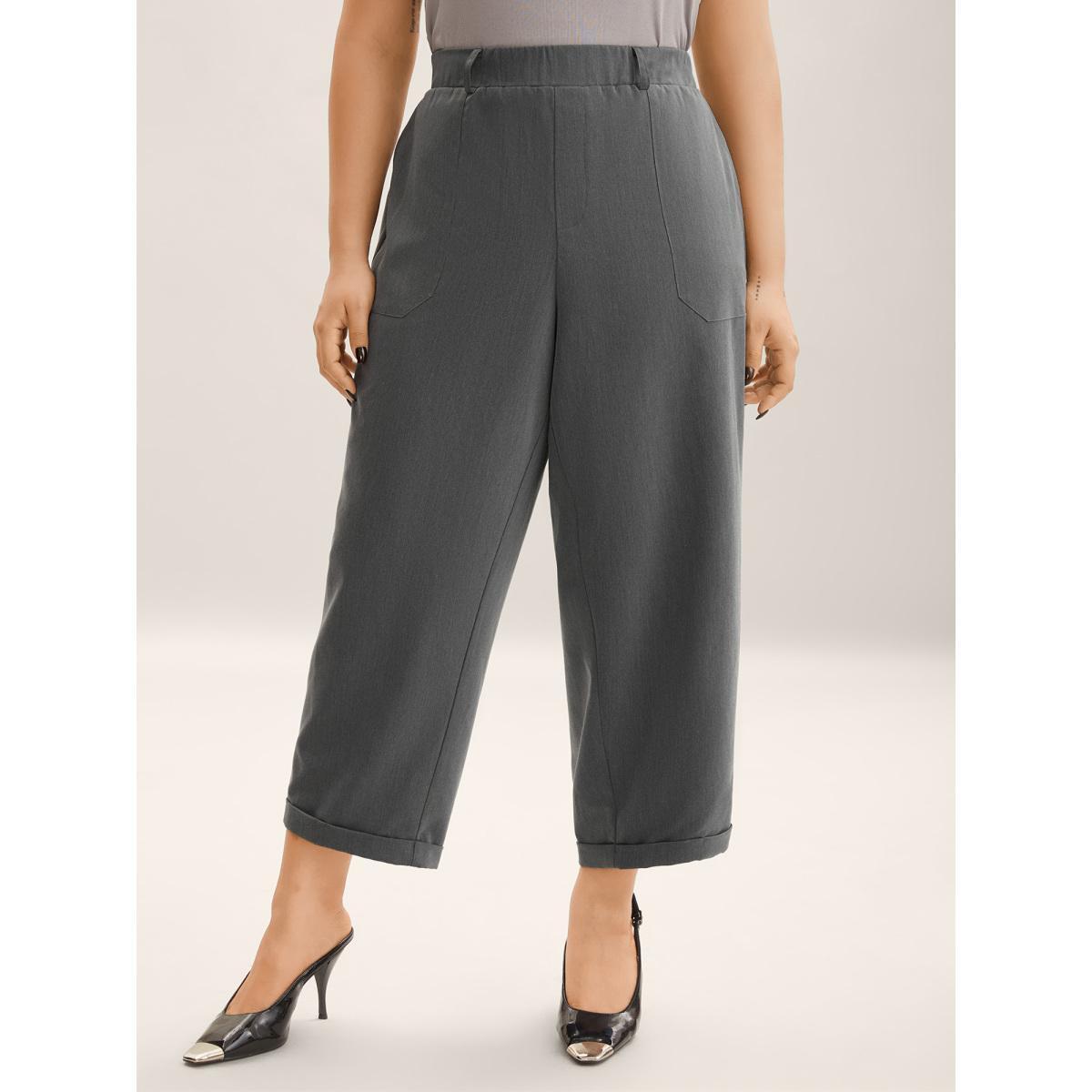 Plus Size Mid Waist Rolled Hem Straight-Leg Solid Pants Women DimGray At the Office Straight Leg Mid Rise Office Pants BloomChic 22-24/3X Product Image