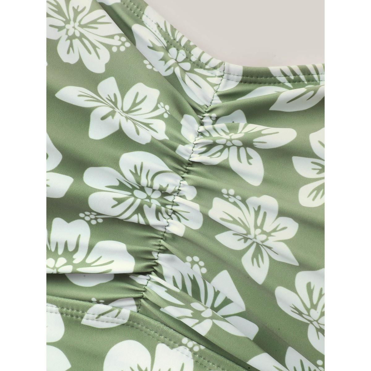 Plus Size Serene Floral Pattern Pleated Swim Dress Women's Swimwear Greenbean Beach Bodycon Heart neckline High stretch Curve Swim Dresses BloomChic 22-24/3X Product Image