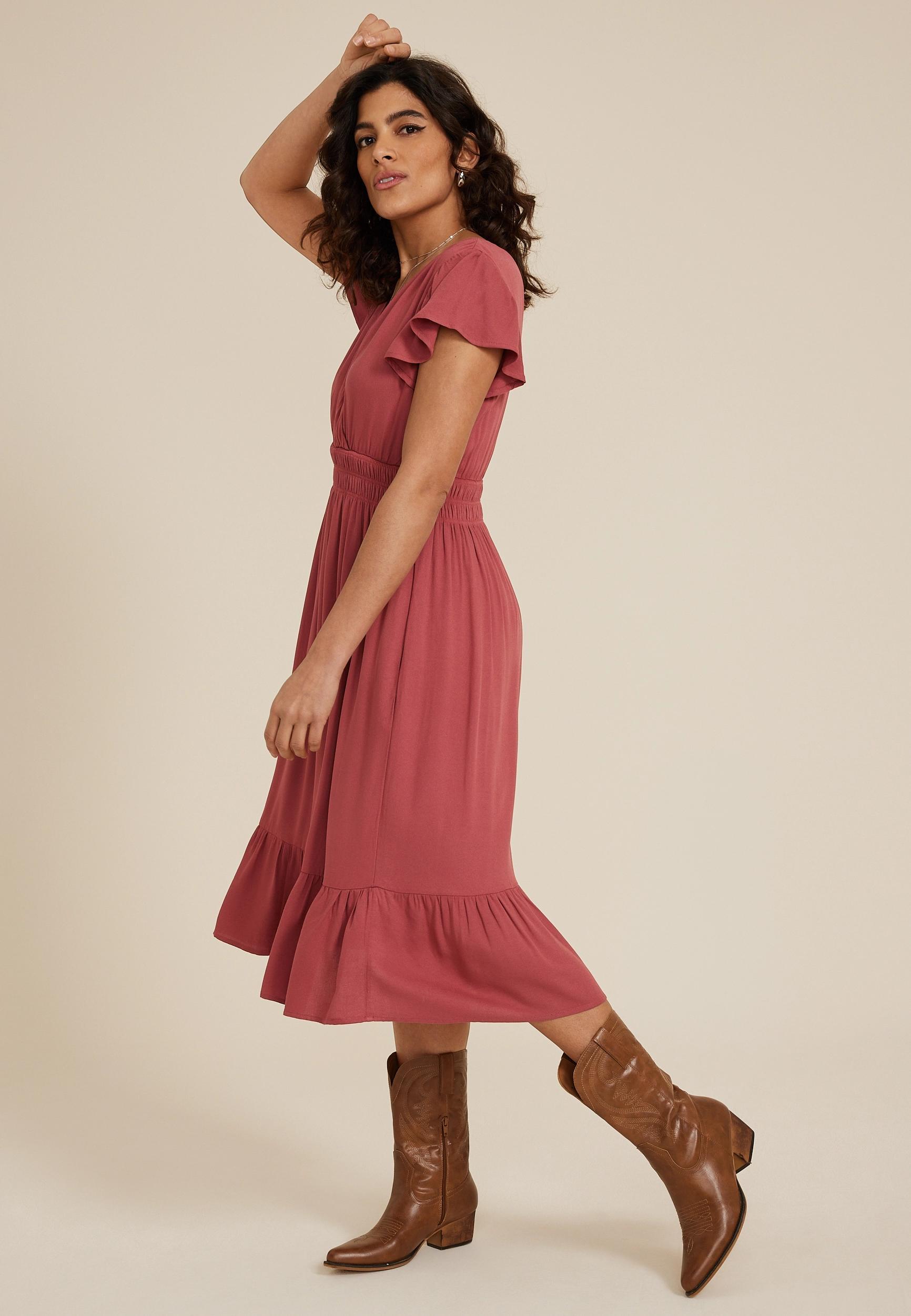 Flutter Sleeve V Neck Midi Dress Product Image