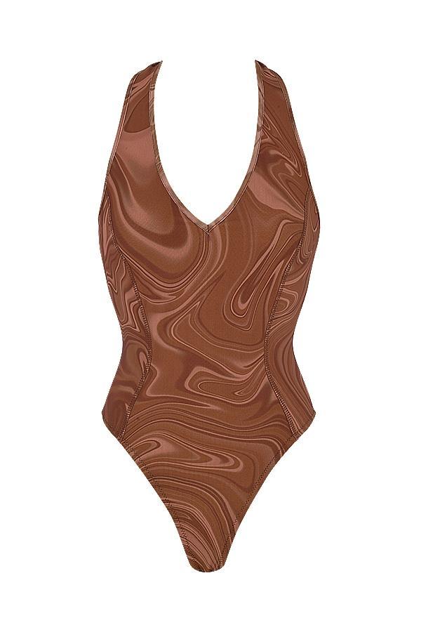 Sabine  cocoa swirl print halter bodysuit Product Image