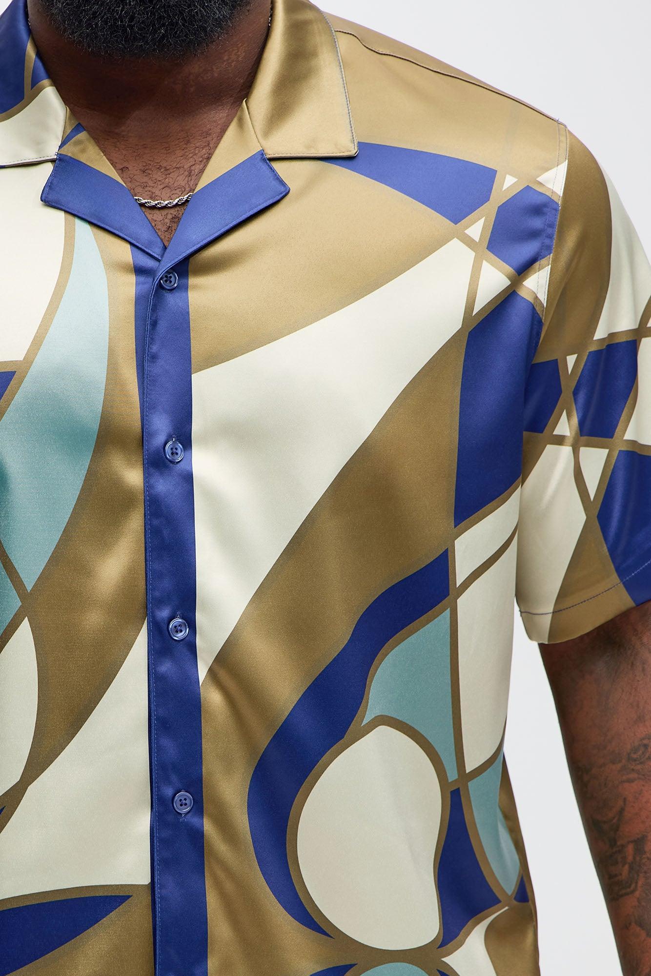Geometric Paneled Cuban Collar Button Up Shirt - Multi Color Product Image