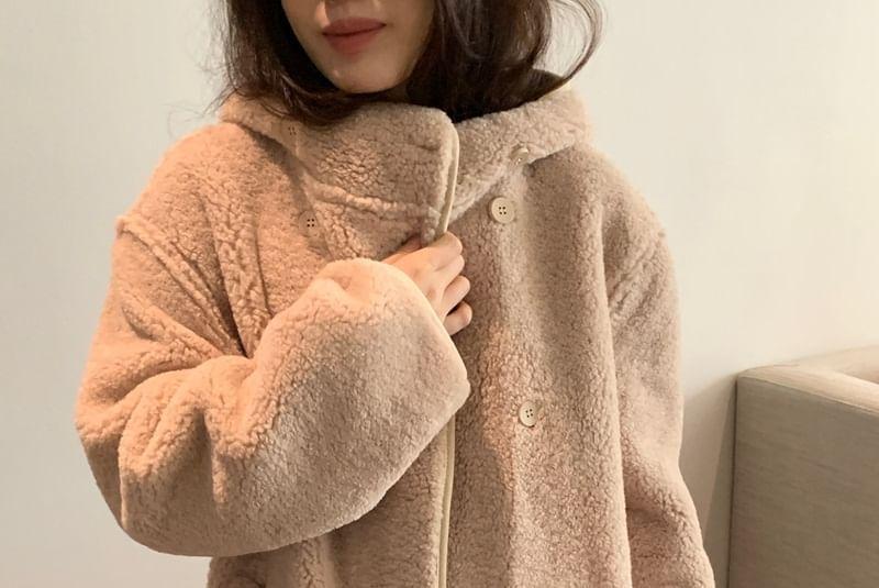 Stand Collar Faux Shearling Midi Double Breasted Coat Product Image