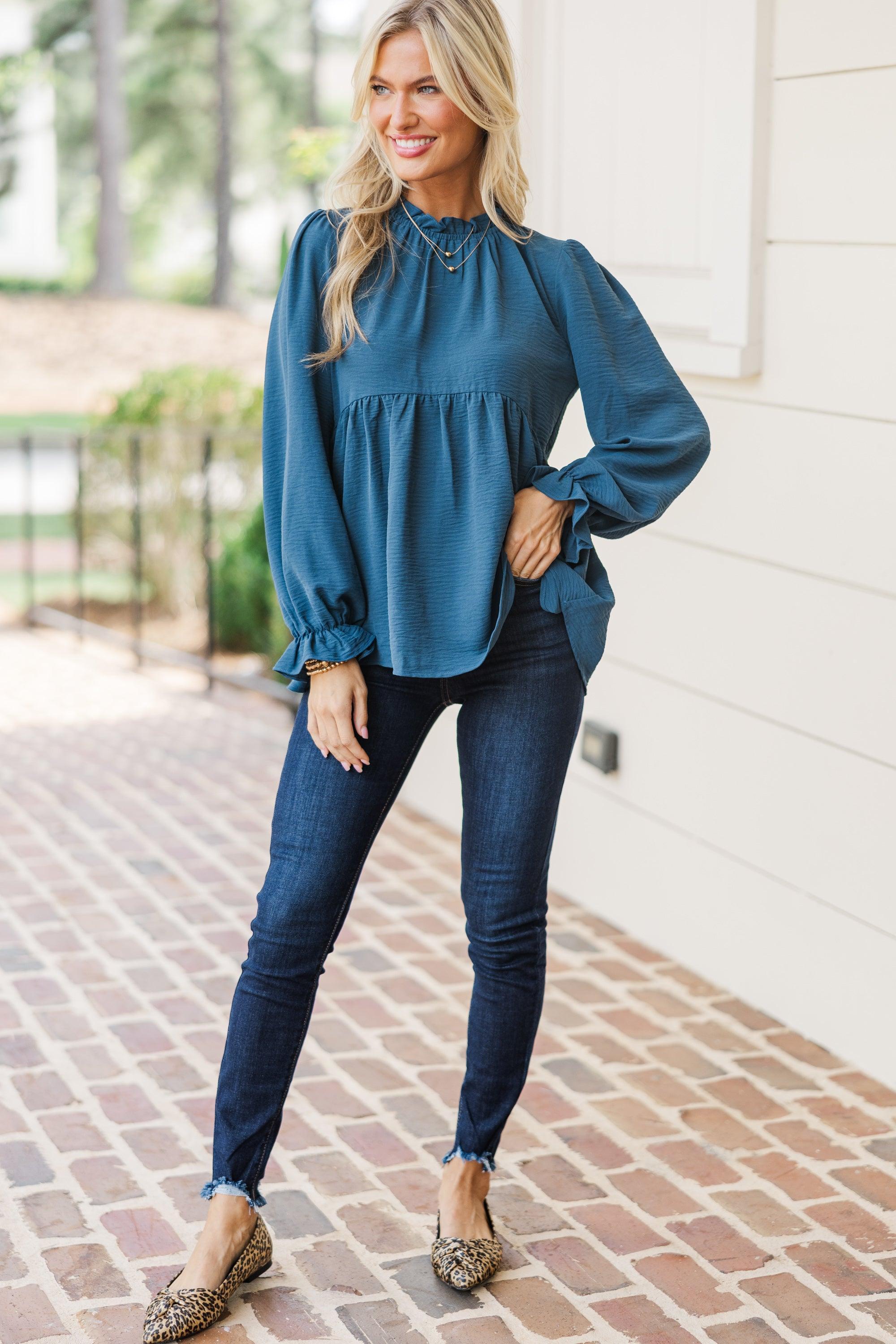 Making Moves Teal Blue Ruffled Blouse Female Product Image