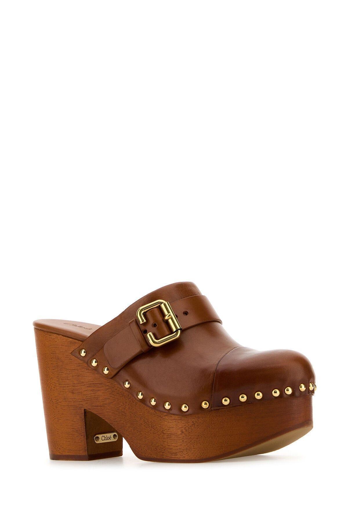 CHLOÉ Jeannette Leather Platform Clogs In Brown Product Image