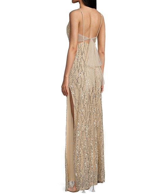 Jump Beaded Sequin Spaghetti Strap V-Neck Tulle Tie Back Gown Product Image