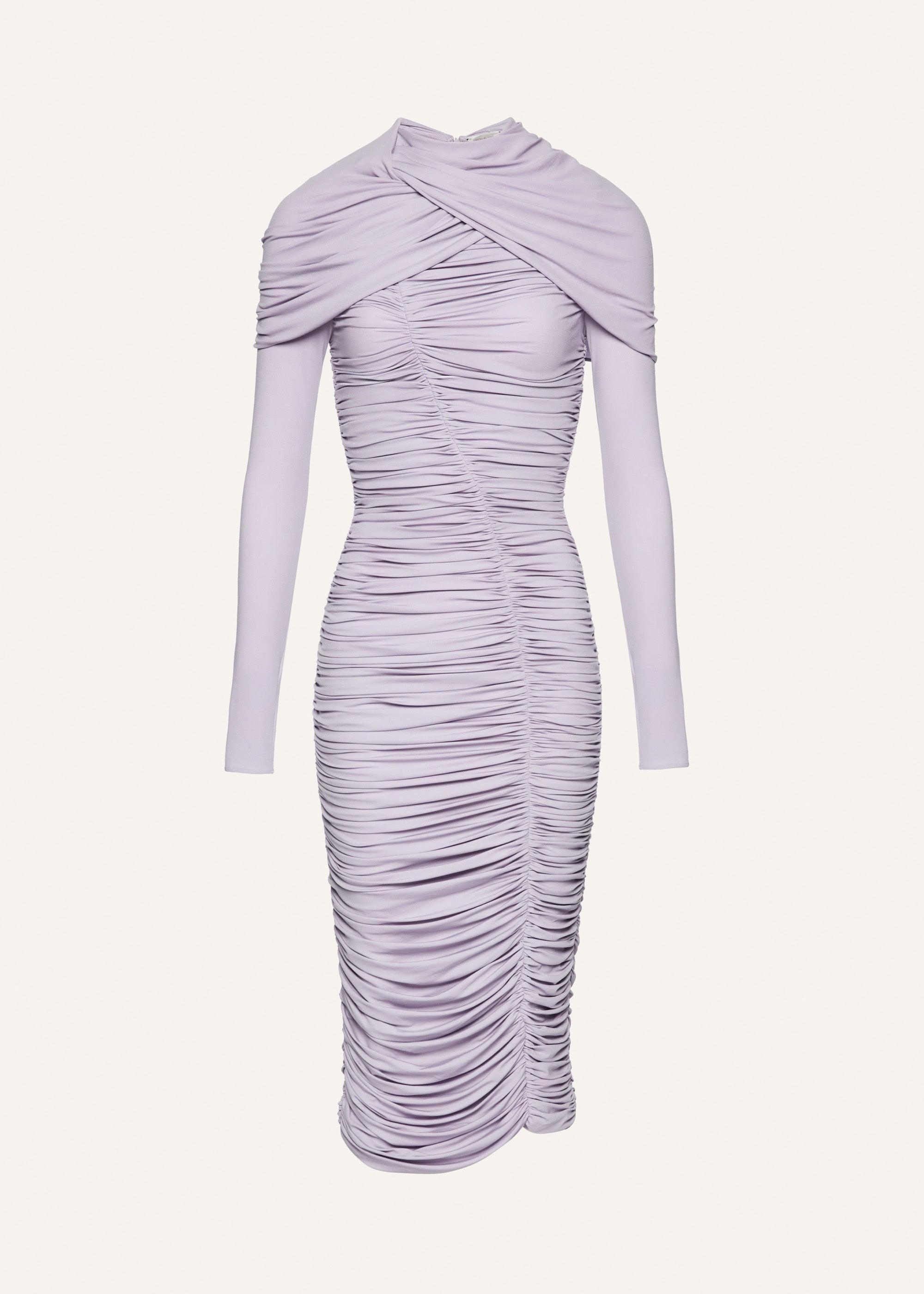 Draped high neck midi dress in purple Product Image