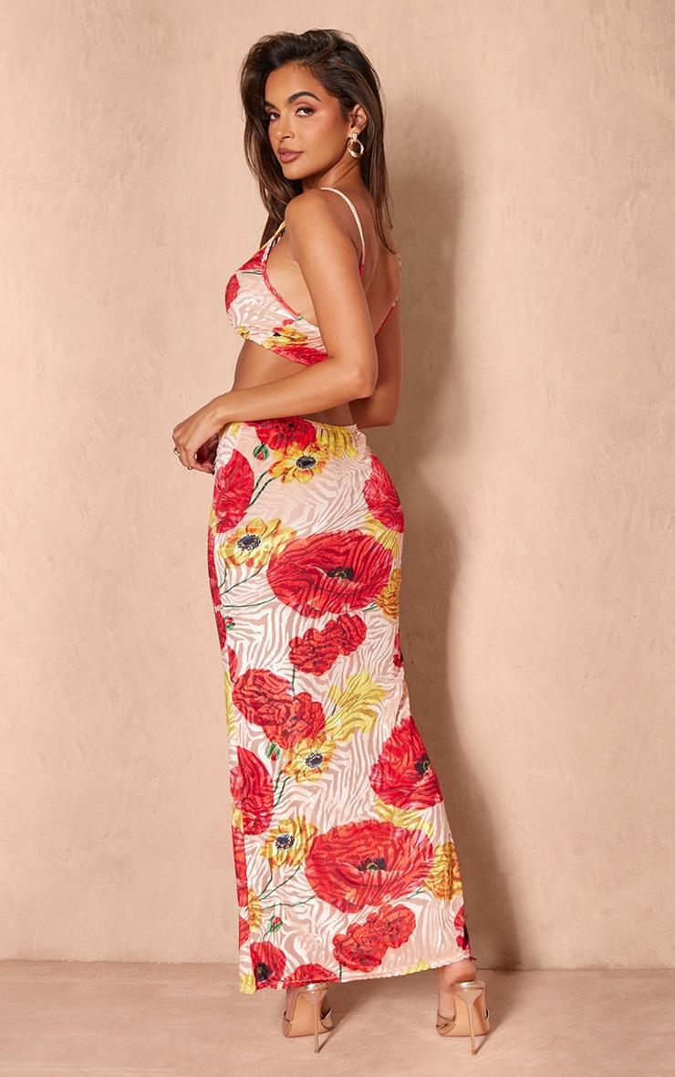  Red Floral Print Devore Cut Out Maxi Dress Product Image