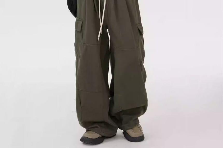 Drawstring Waist Plain Wide Wide Leg Cargo Pants Product Image