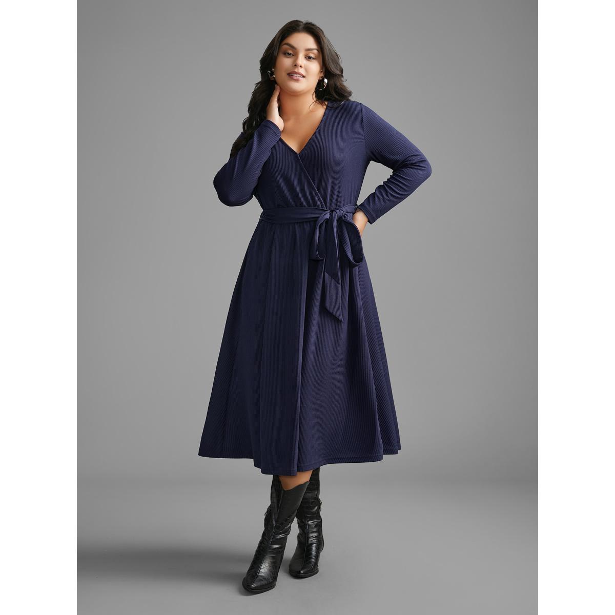 Plus Size Solid Overlap Collar Belted Knit Dress DarkBlue Women Casual Texture Knit Dresses Bloomchic 26/4X Product Image