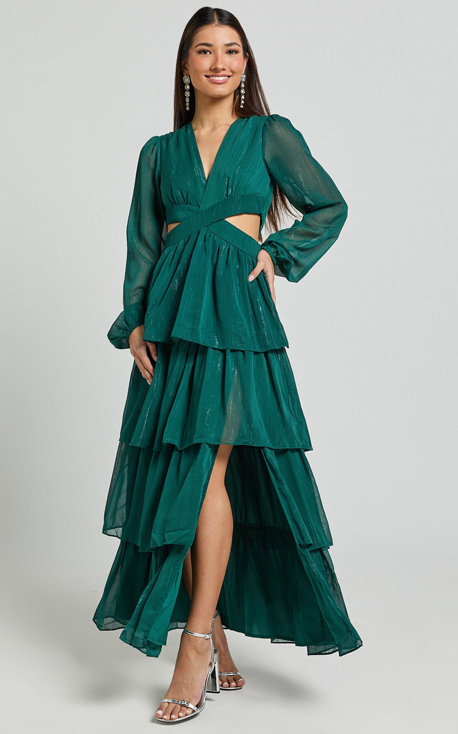 Jacinda Maxi Dress - Cut Out Long Sleeve Thigh Split Tiered Dress in Emerald Product Image