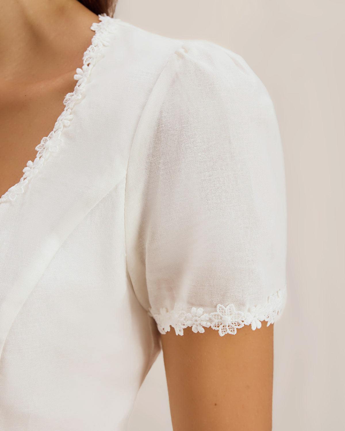 White Square Neck Button Lace Blouse Product Image