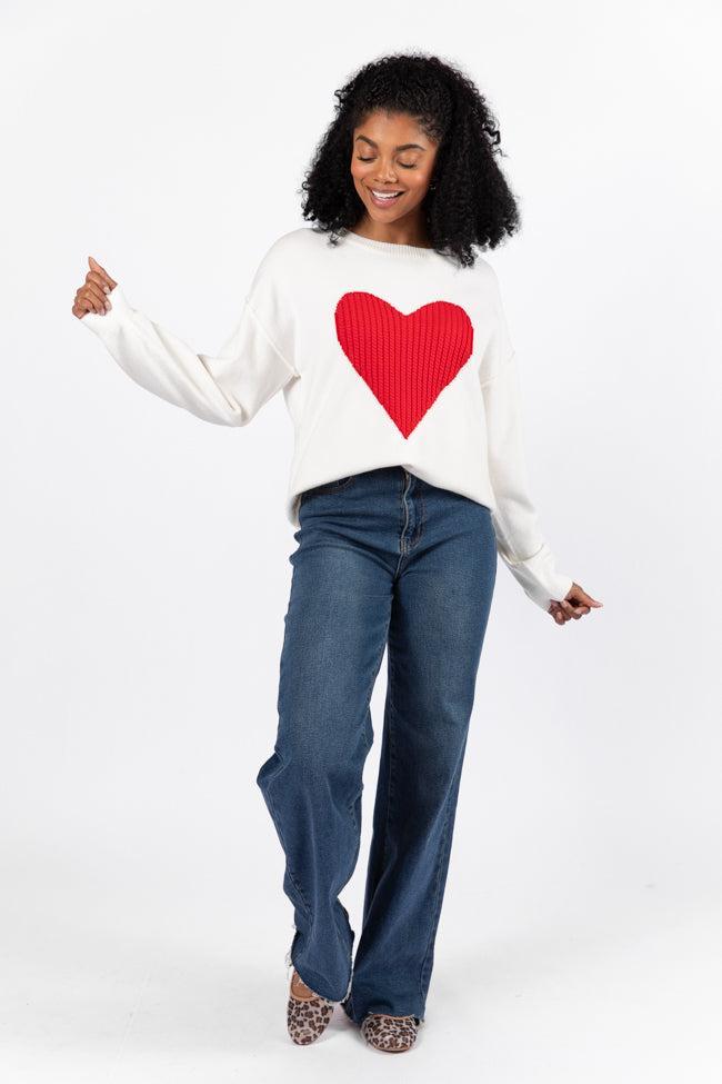 In My Heart Ivory and Red Cable Knit Heart Sweater FINAL SALE Product Image