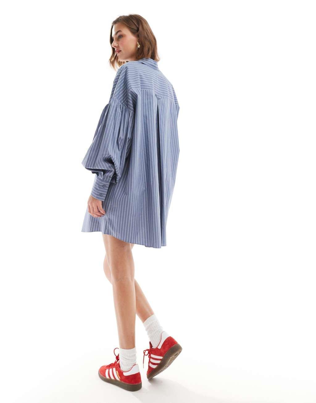 ASOS DESIGN boyfriend shirt mini dress with blouson sleeve in blue pinstripe Product Image