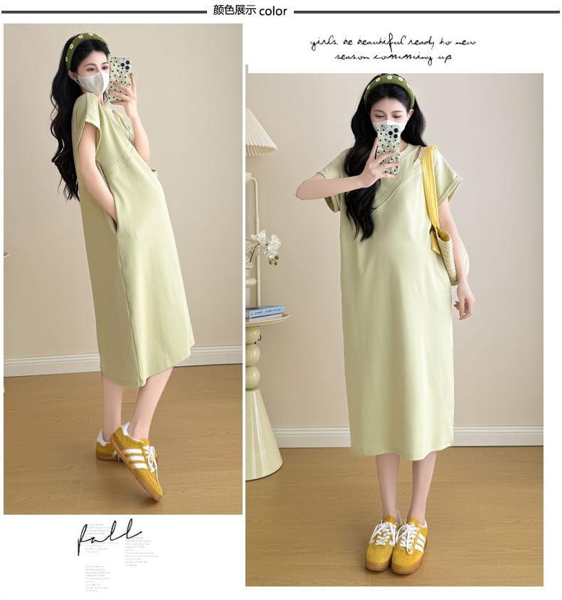 Maternity Short Sleeve Crew Neck Plain Cutout Panel Midi A-Line Dress Product Image