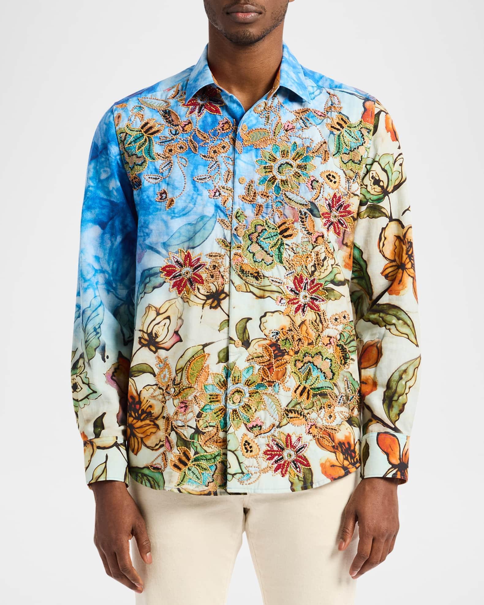 Men's Flax and Cotton Floral Embroidered Sport Shirt Product Image