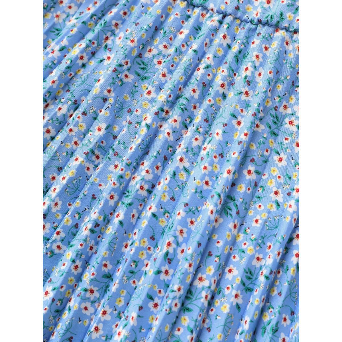 Plus Size Ditsy Floral Overlapping Pleated Belted Dress LightBlue Women Elegant Overlapping V-neck Short sleeve Curvy BloomChic 12/L Product Image