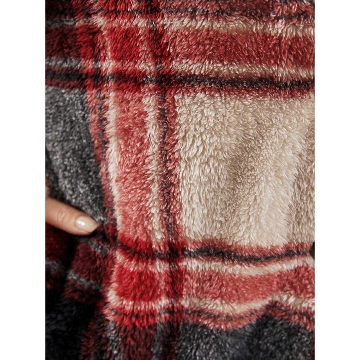 Plus Size Plaid Button Up Pocket Fuzzy Coat Women Red Casual Button Ladies Dailywear Winter Coats BloomChic 26/4X Product Image