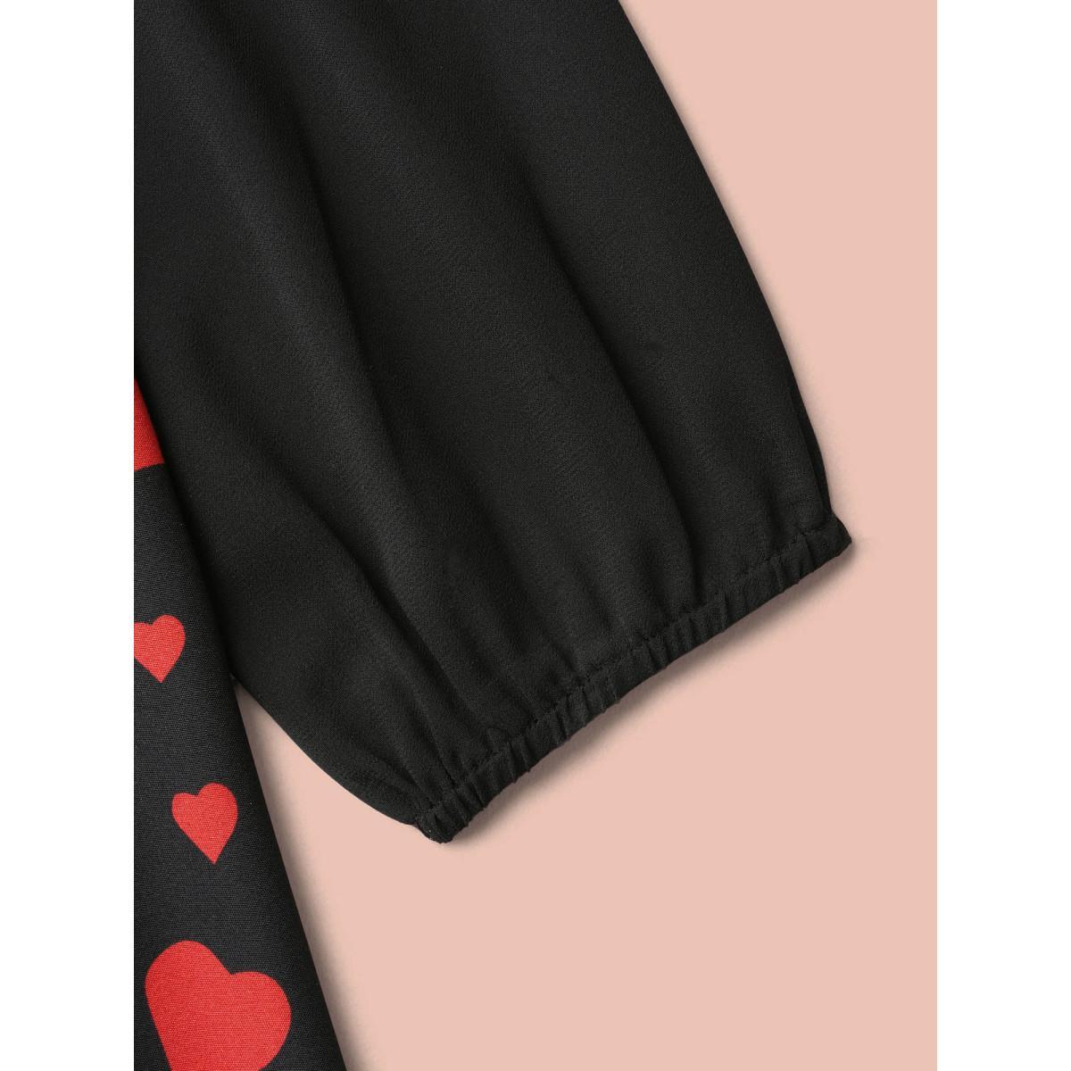 Plus Size Black Heart Print Patchwork Waist-Tie Blouse Women Romantic Extra Long Sleeve Square Neck Elegant Blouses BloomChic 14-16/1X Product Image