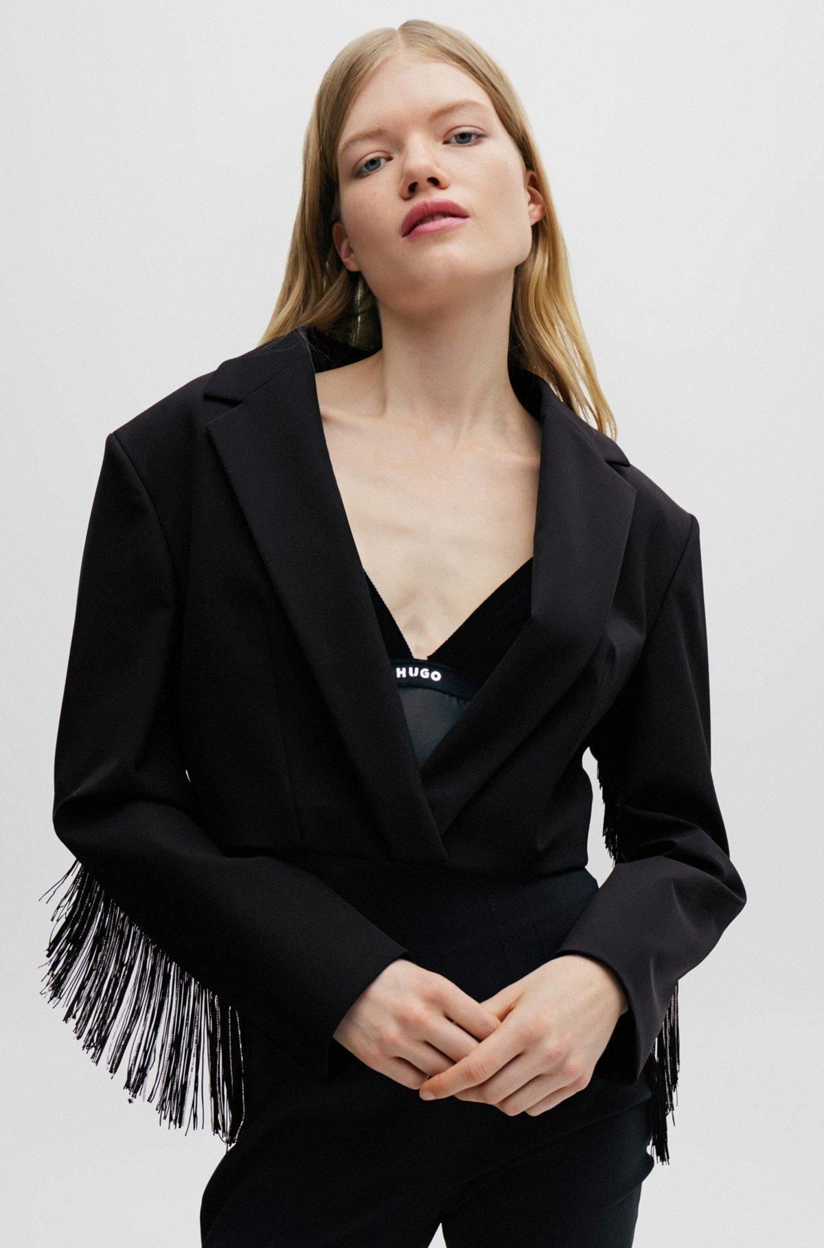 Cropped regular-fit jacket with fringe trims Product Image