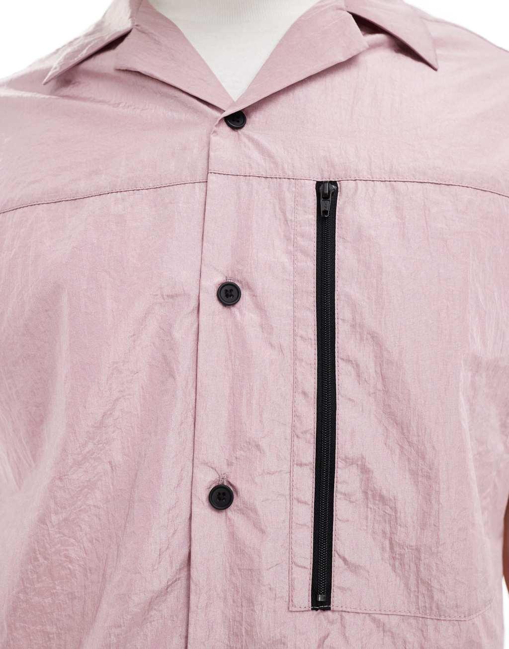 ASOS DESIGN short sleeve boxy oversized revere utility shirt in dusty pink - part of a set Product Image