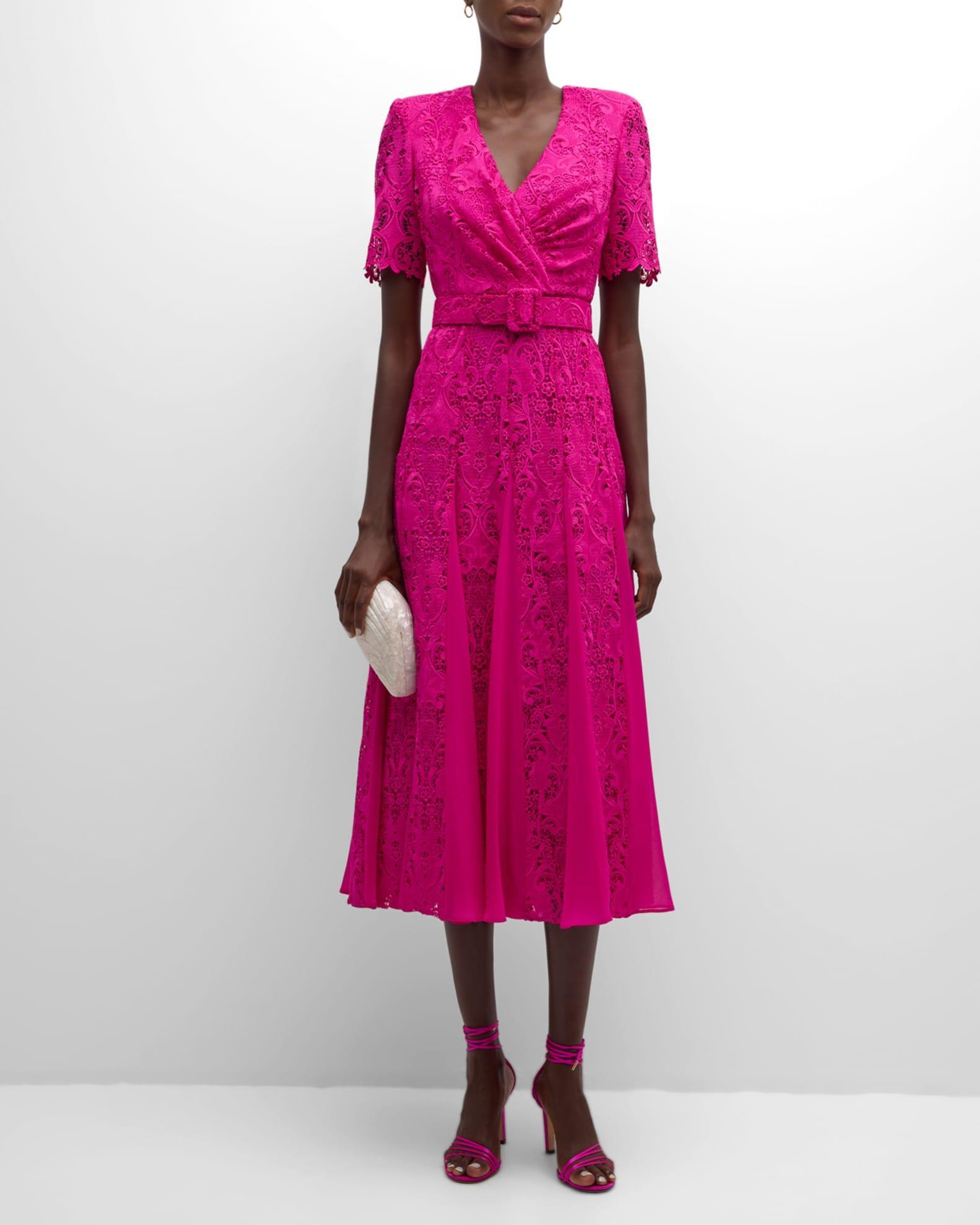 Belted Lace Godet Midi Dress Product Image