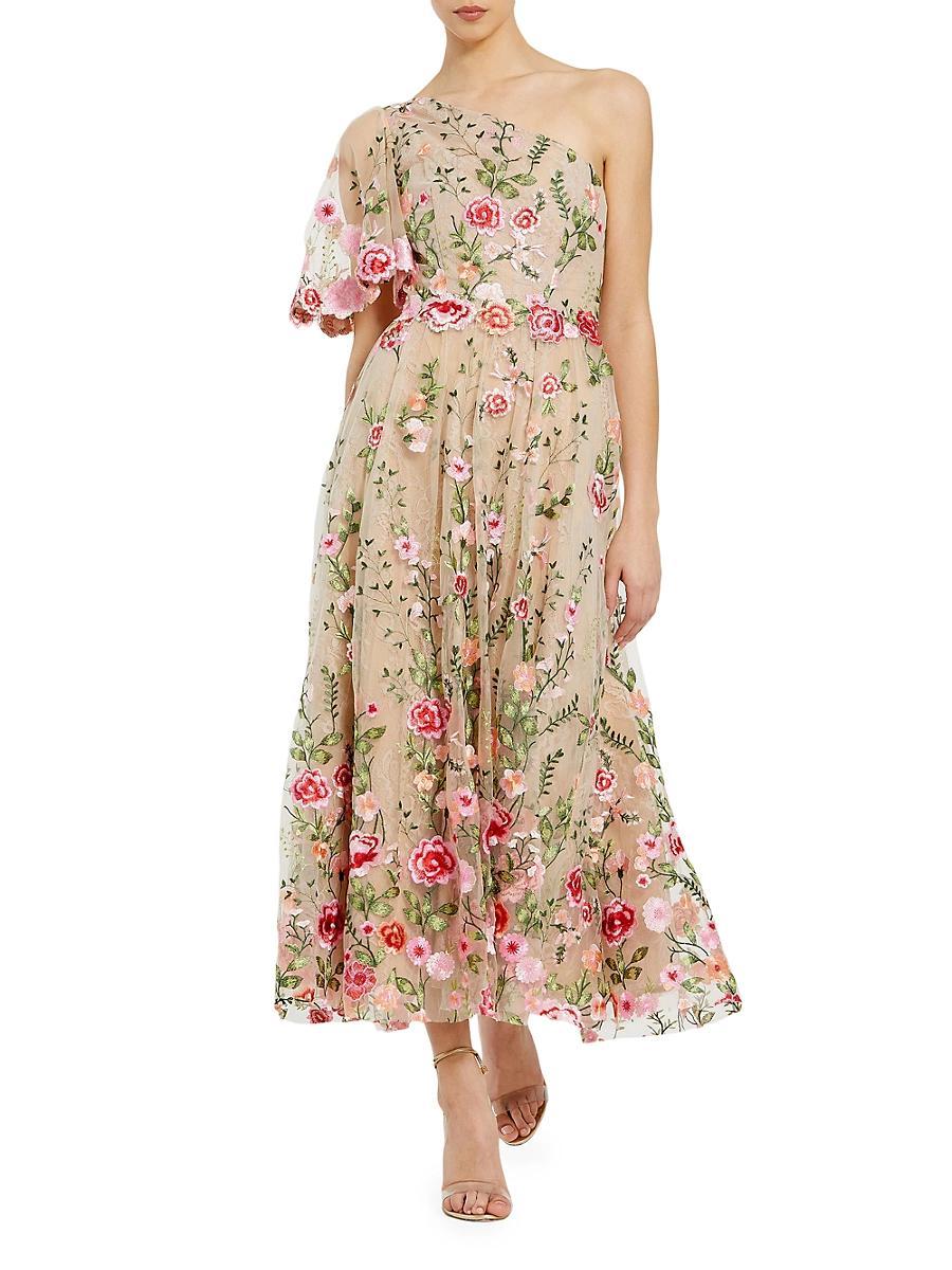 Womens Floral Embroidered One-Shoulder Midi-Dress Product Image