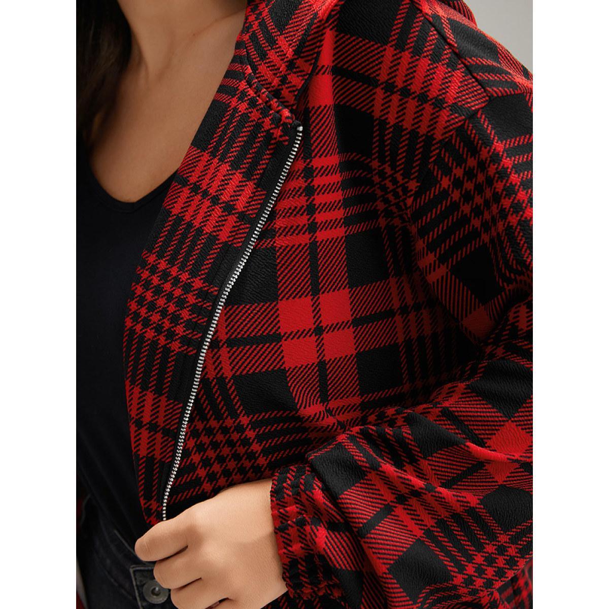 Plus Size Plaid Zipper Hooded Jacket Women Raspberry Elastic cuffs Everyday Jackets BloomChic 12/L Product Image