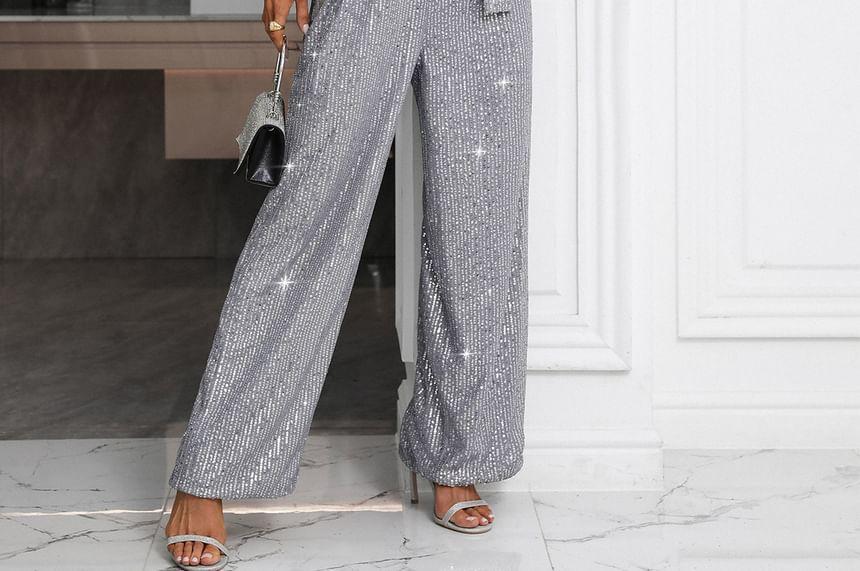 Spaghetti Strap V-Neck Sequin Tie Waist Wide Leg Jumpsuit Product Image