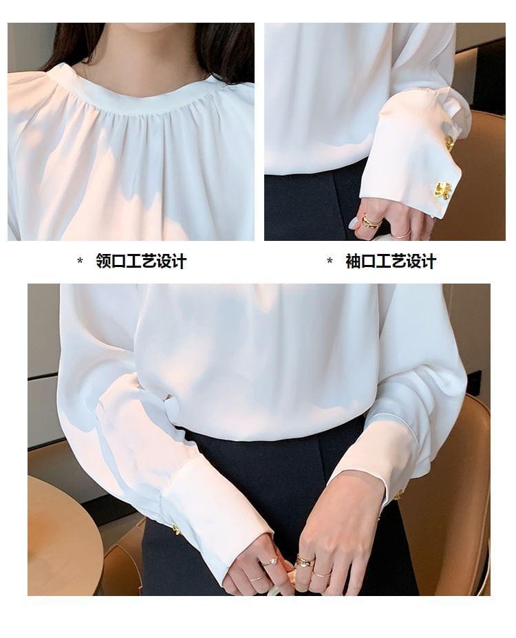 Long Sleeve Round Neck Plain Ruched Blouse Product Image