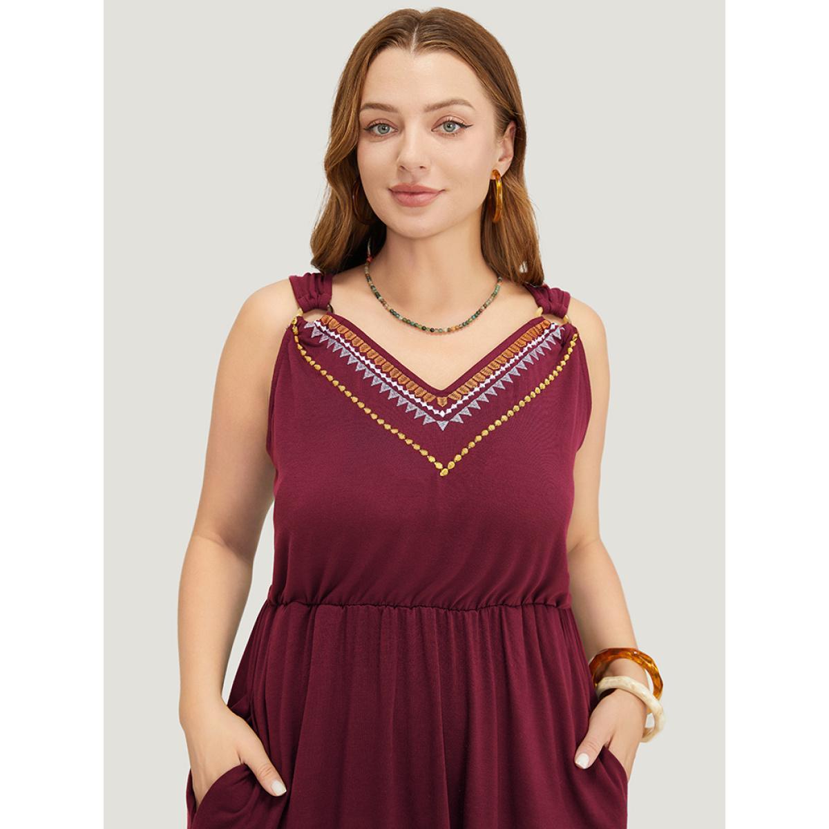 Plus Size Geometric Embroidered Buckle Detail Pocket Ruffle Hem Cami Dress Scarlet Women Vacation Embroidered V-neck Sleeveless Curvy Midi Dress BloomChic 18-20/2X Product Image