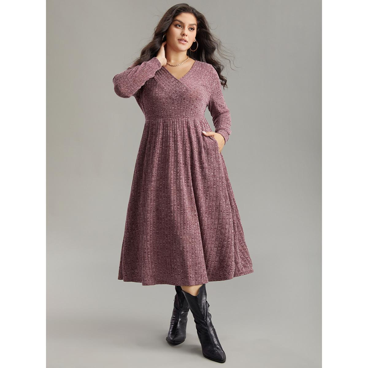 Plus Size Rib Knit Plain Plisse Long Sleeve Dress Purple Women Leisure Rib Knit V-neck Long Sleeve Curvy Midi Dress BloomChic 12/L Product Image