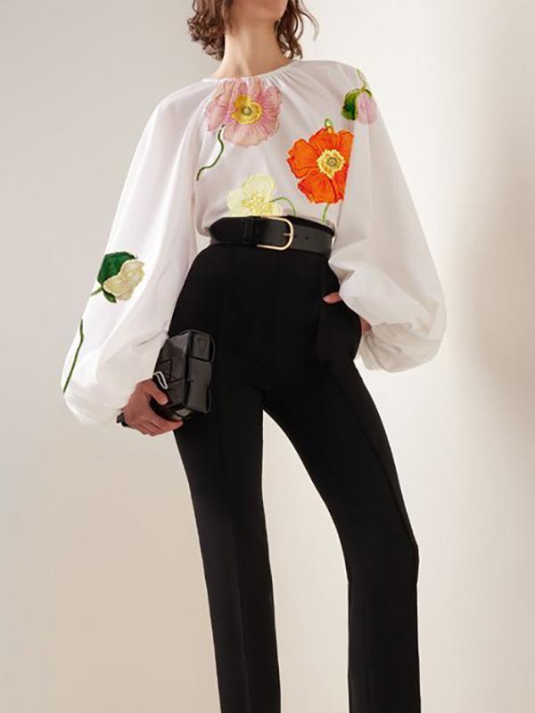 Long Sleeves Loose Elasticity Flower Print Pleated Round-neck Blouses&shirts Tops Product Image